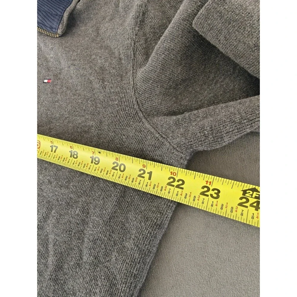 Tommy Hilfiger Mens Large 1/4 Zip Sweater Gray Cotton Pullover Mock Neck Logo